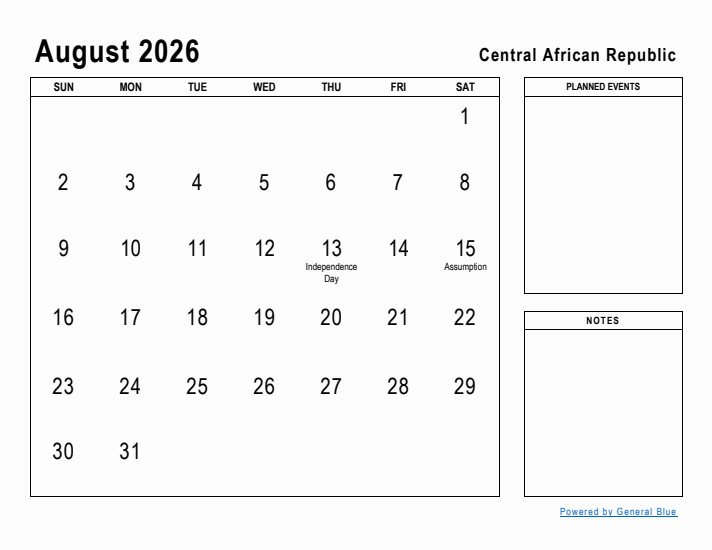 August 2026 Printable Monthly Calendar with Central African Republic Holidays