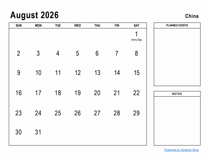 August 2026 Printable Monthly Calendar with China Holidays