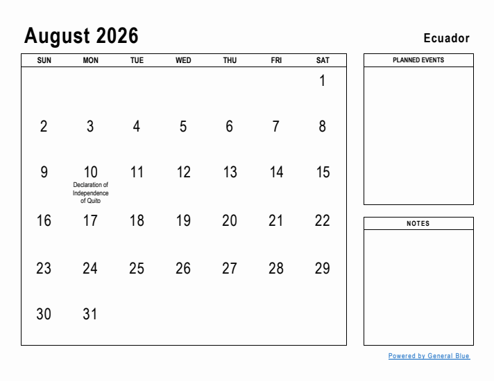 August 2026 Printable Monthly Calendar with Ecuador Holidays