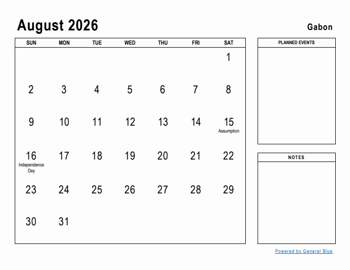 August 2026 Printable Monthly Calendar with Gabon Holidays