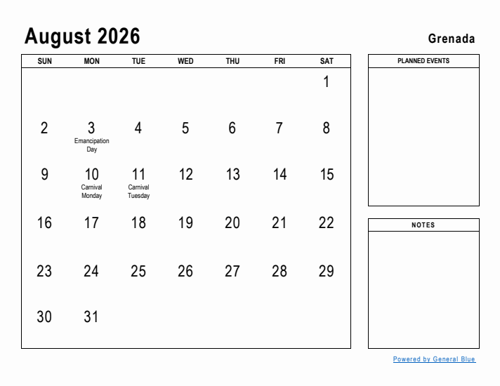 August 2026 Printable Monthly Calendar with Grenada Holidays