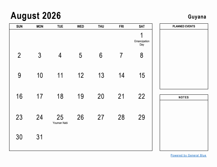 August 2026 Printable Monthly Calendar with Guyana Holidays