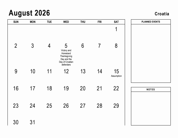 August 2026 Printable Monthly Calendar with Croatia Holidays