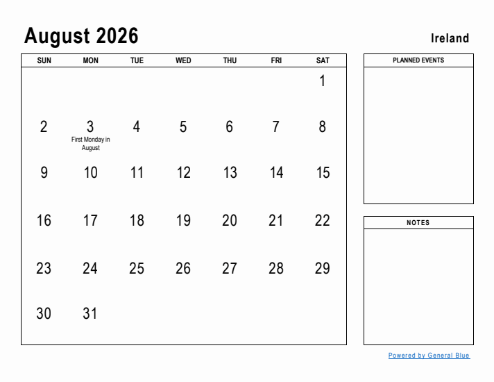 August 2026 Printable Monthly Calendar with Ireland Holidays