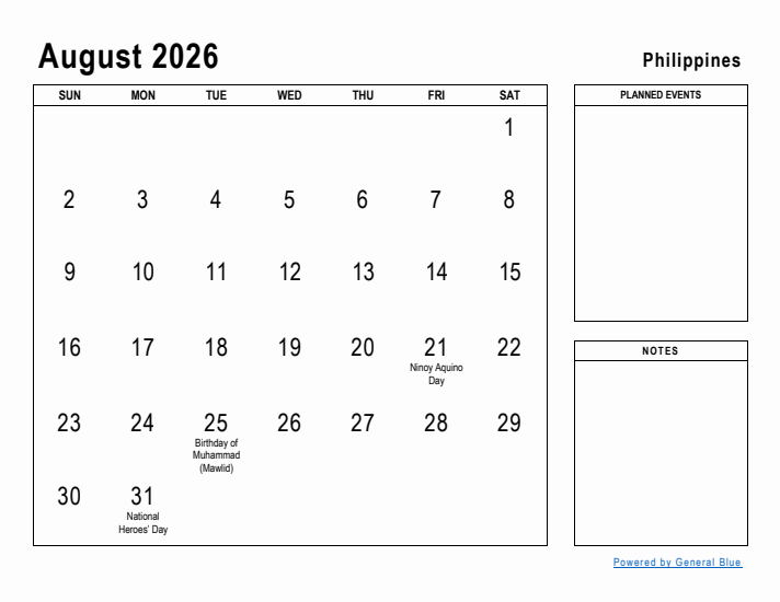 August 2026 Printable Monthly Calendar with Philippines Holidays