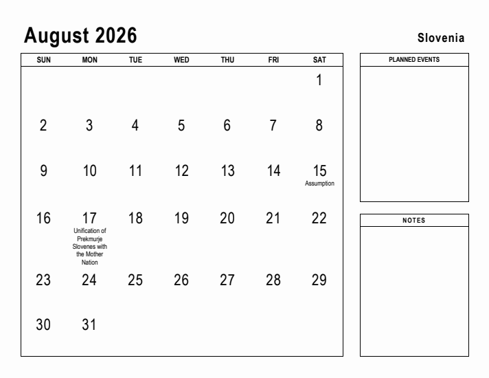 August 2026 Printable Monthly Calendar with Slovenia Holidays