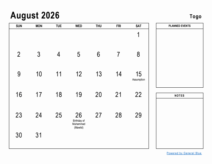 August 2026 Printable Monthly Calendar with Togo Holidays