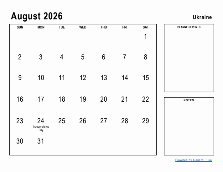 August 2026 Printable Monthly Calendar with Ukraine Holidays