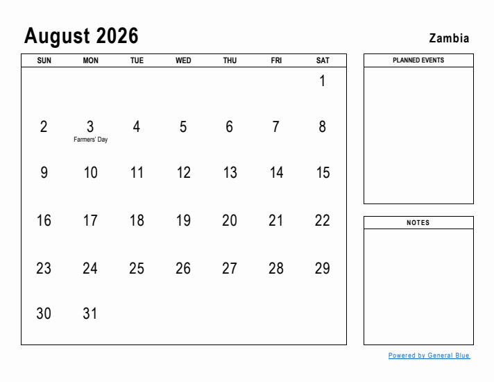 August 2026 Printable Monthly Calendar with Zambia Holidays