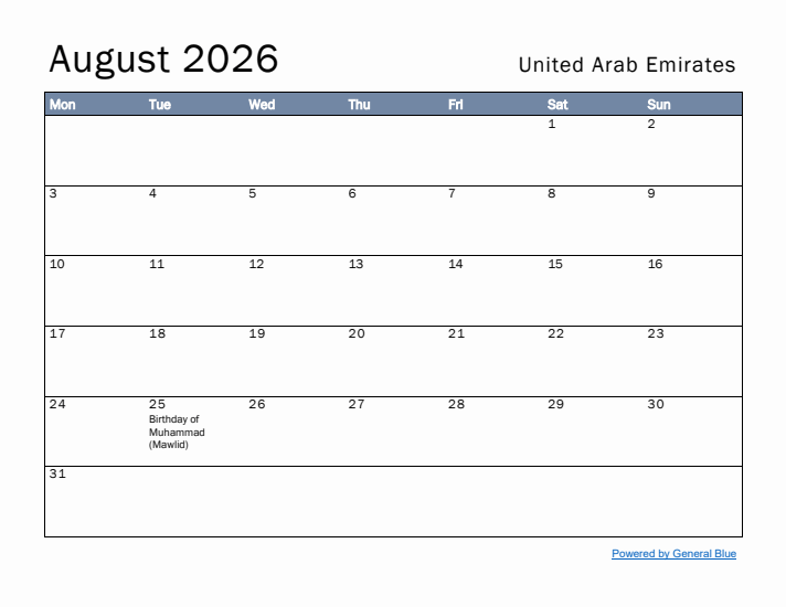 August 2026 Simple Monthly Calendar for United Arab Emirates