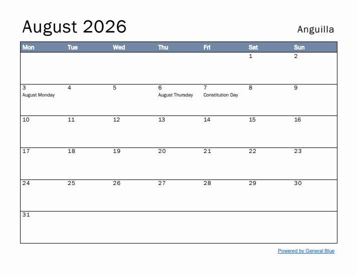 August 2026 Simple Monthly Calendar for Anguilla