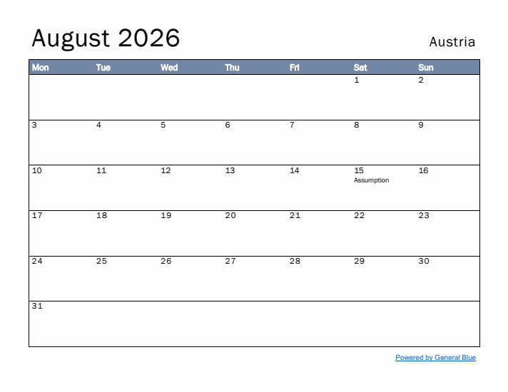 August 2026 Simple Monthly Calendar for Austria