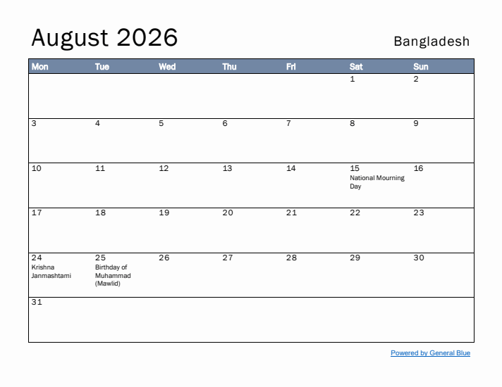 August 2026 Simple Monthly Calendar for Bangladesh