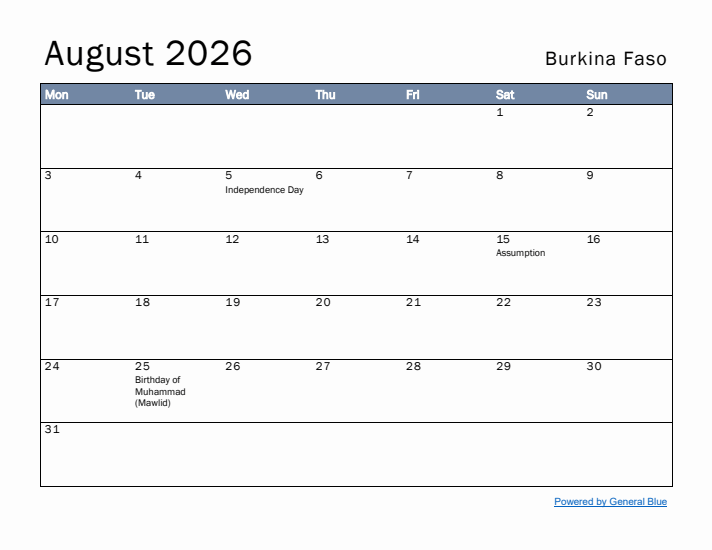 August 2026 Simple Monthly Calendar for Burkina Faso