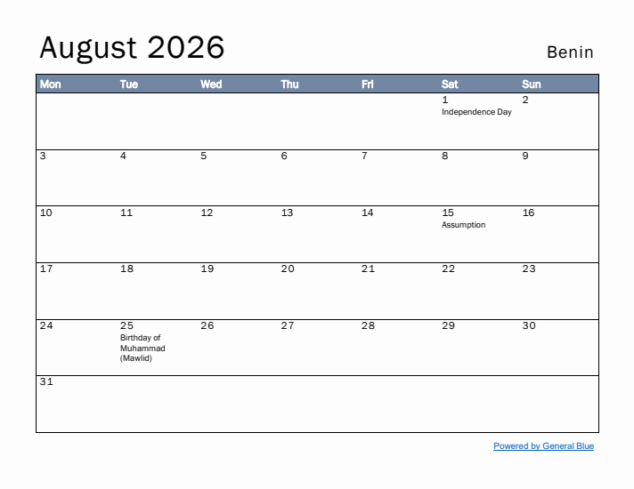 August 2026 Simple Monthly Calendar for Benin