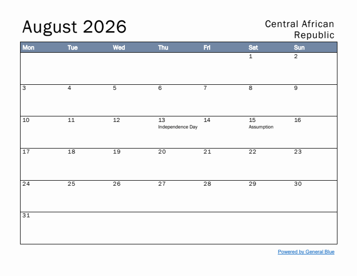 August 2026 Simple Monthly Calendar for Central African Republic