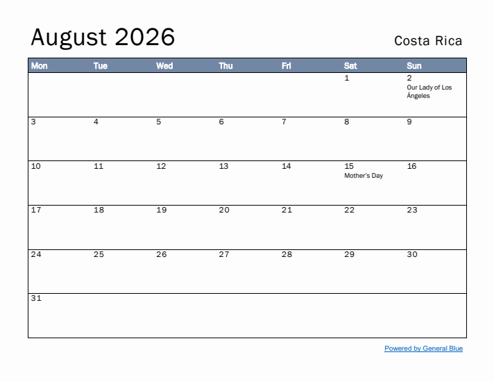 August 2026 Simple Monthly Calendar for Costa Rica