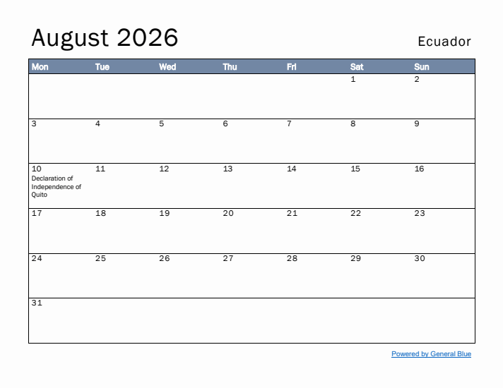 August 2026 Simple Monthly Calendar for Ecuador