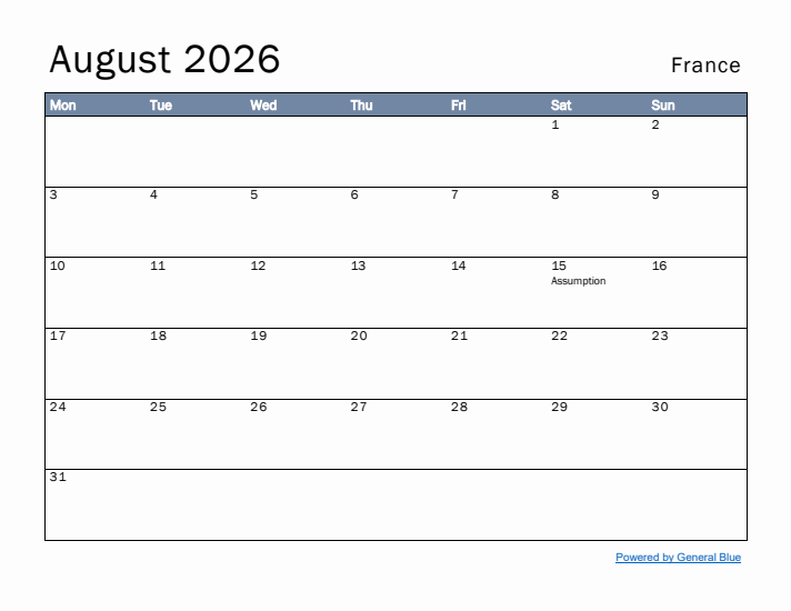 August 2026 Simple Monthly Calendar for France