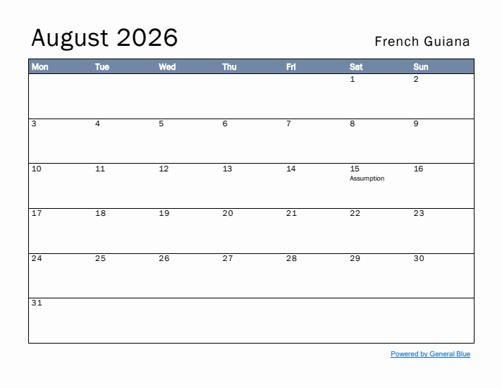 August 2026 Simple Monthly Calendar for French Guiana