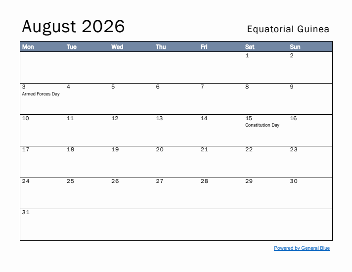 August 2026 Simple Monthly Calendar for Equatorial Guinea