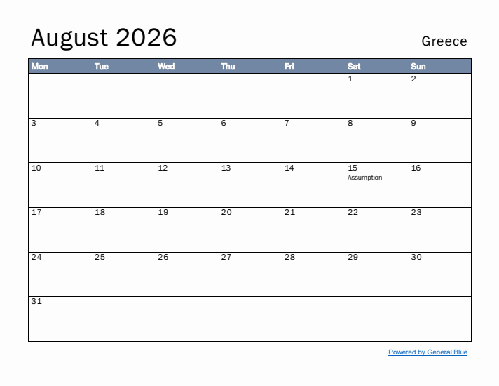 August 2026 Simple Monthly Calendar for Greece