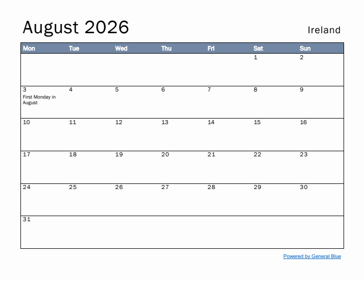 August 2026 Simple Monthly Calendar for Ireland