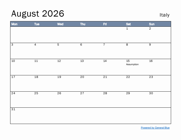 August 2026 Simple Monthly Calendar for Italy