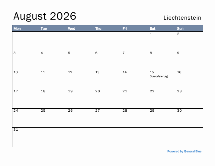 August 2026 Simple Monthly Calendar for Liechtenstein