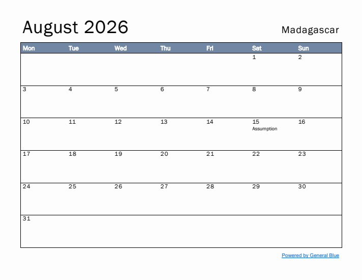 August 2026 Simple Monthly Calendar for Madagascar