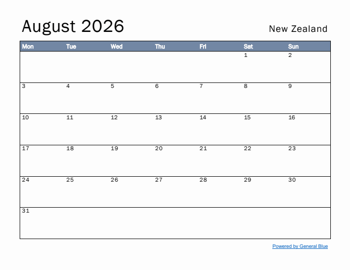 August 2026 Simple Monthly Calendar for New Zealand