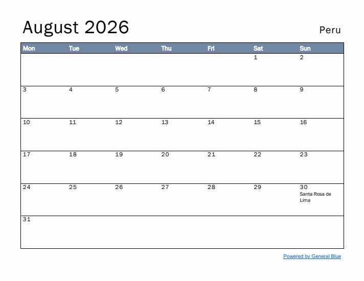 August 2026 Simple Monthly Calendar for Peru