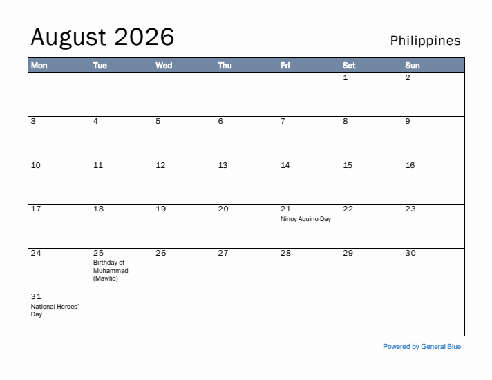 August 2026 Simple Monthly Calendar for Philippines