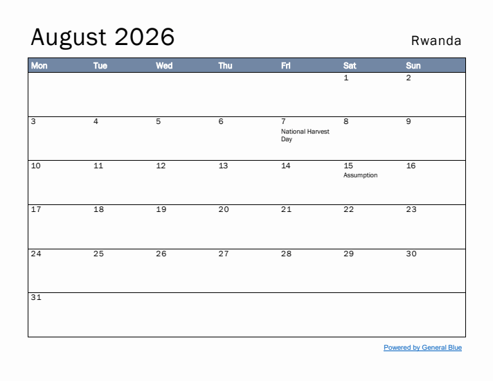 August 2026 Simple Monthly Calendar for Rwanda