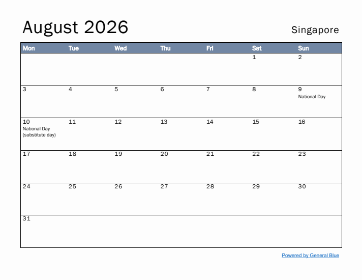 August 2026 Simple Monthly Calendar for Singapore