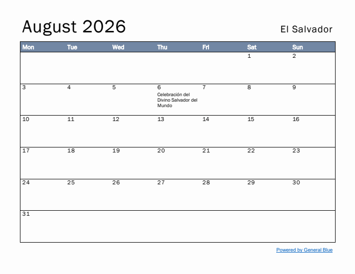 August 2026 Simple Monthly Calendar for El Salvador