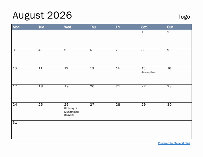 August 2026 Simple Monthly Calendar for Togo