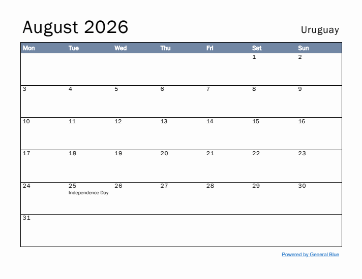 August 2026 Simple Monthly Calendar for Uruguay