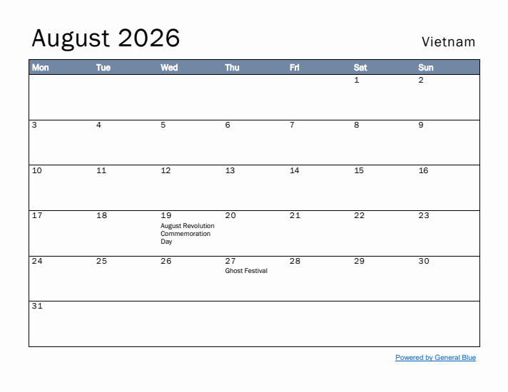 August 2026 Simple Monthly Calendar for Vietnam