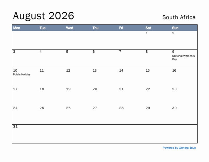 August 2026 Simple Monthly Calendar for South Africa