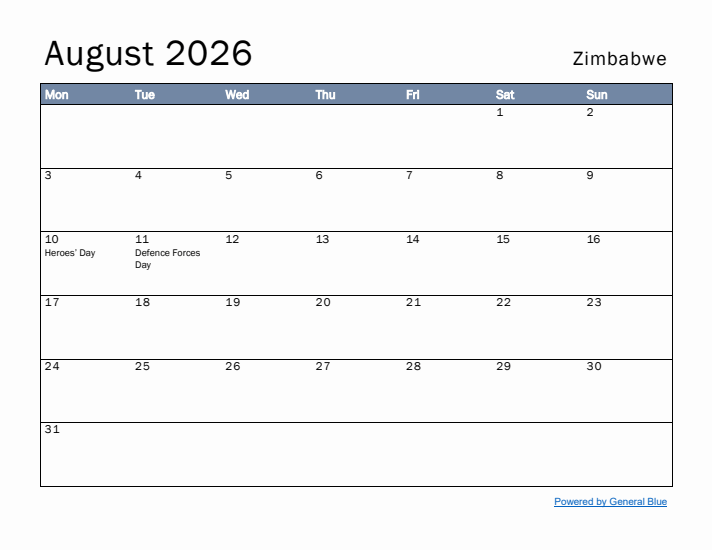 August 2026 Simple Monthly Calendar for Zimbabwe