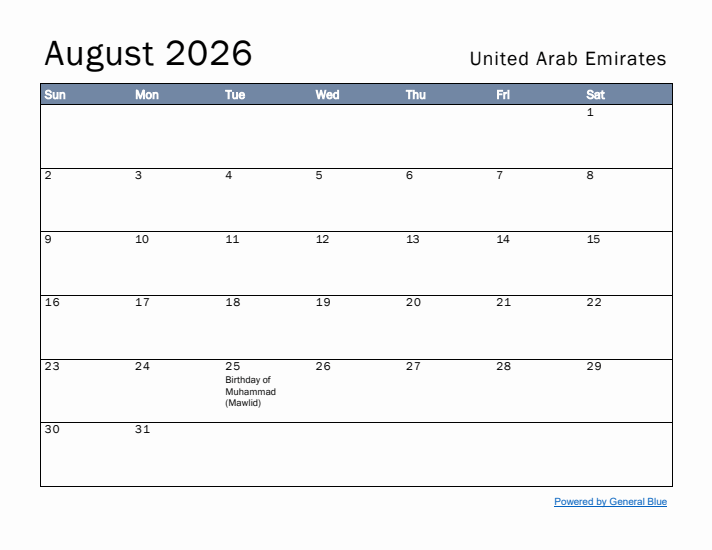 August 2026 Simple Monthly Calendar for United Arab Emirates