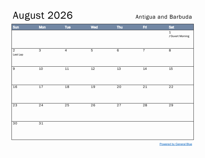 August 2026 Simple Monthly Calendar for Antigua and Barbuda