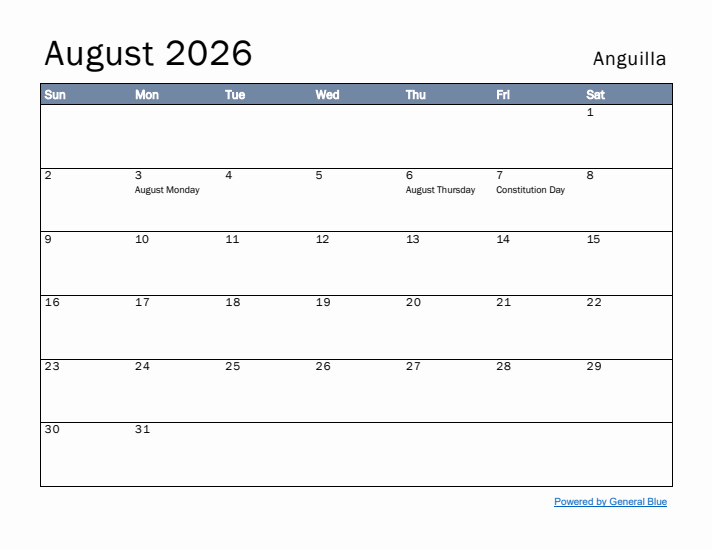 August 2026 Simple Monthly Calendar for Anguilla