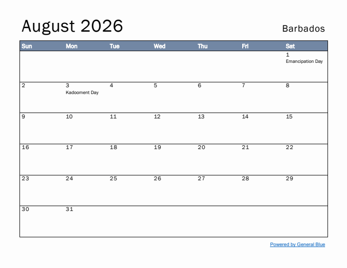 August 2026 Simple Monthly Calendar for Barbados