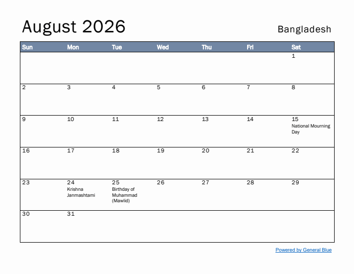 August 2026 Simple Monthly Calendar for Bangladesh