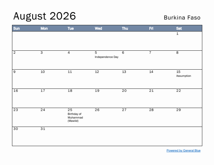 August 2026 Simple Monthly Calendar for Burkina Faso