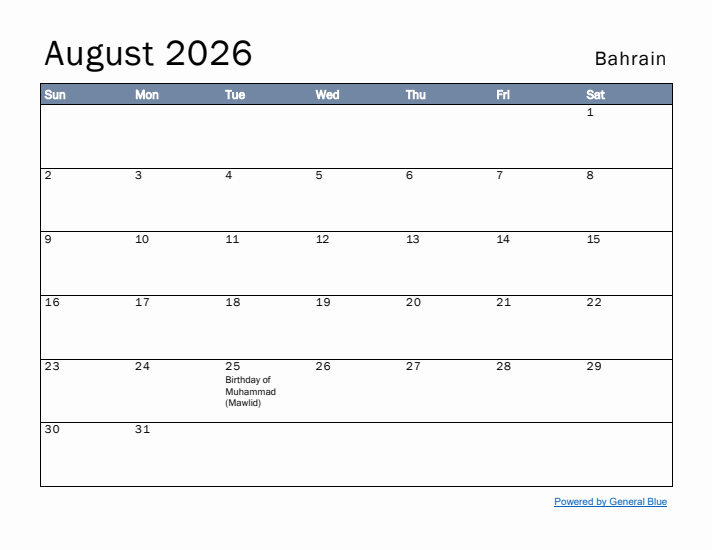 August 2026 Simple Monthly Calendar for Bahrain