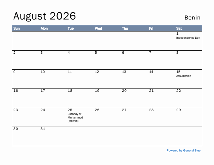 August 2026 Simple Monthly Calendar for Benin