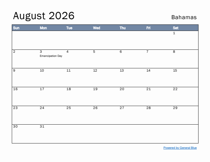 August 2026 Simple Monthly Calendar for Bahamas